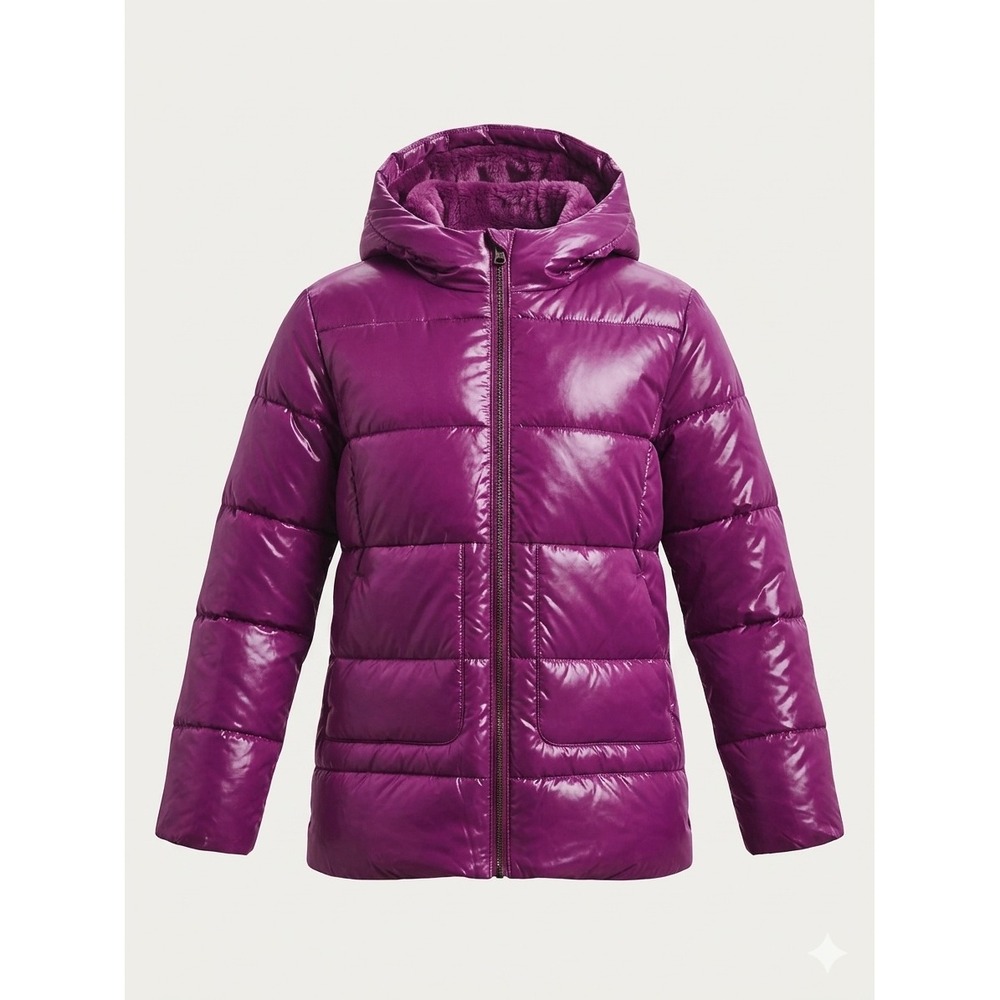 Under Armour Girls XL Magenta Shiny Puffer Jacket Minky Fur Lined Hood Winter
